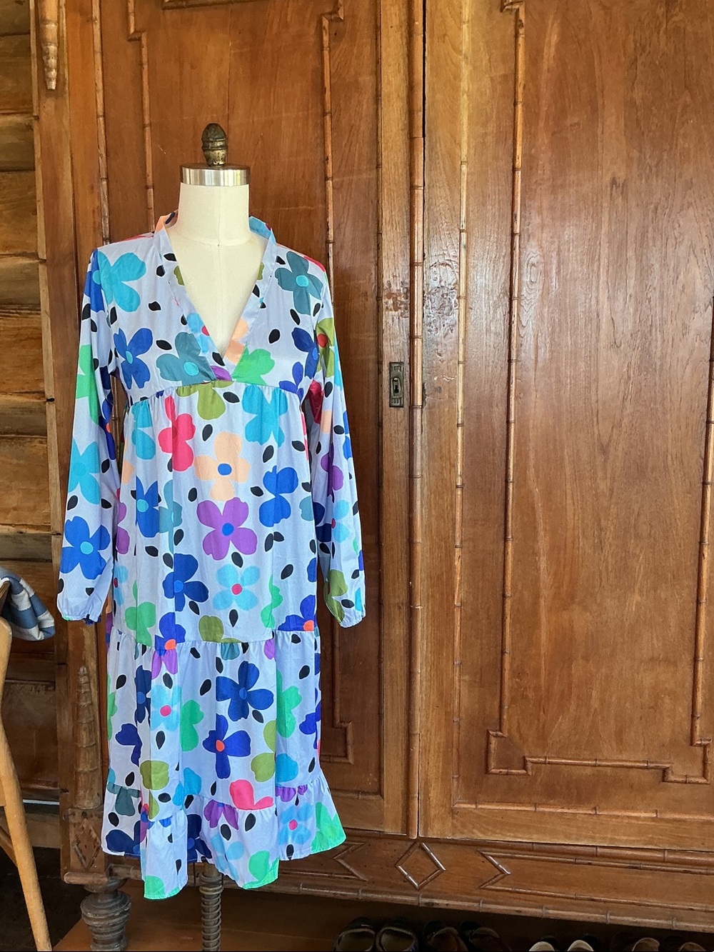 Light Blue Floral Tiered Long-Sleeve Dress